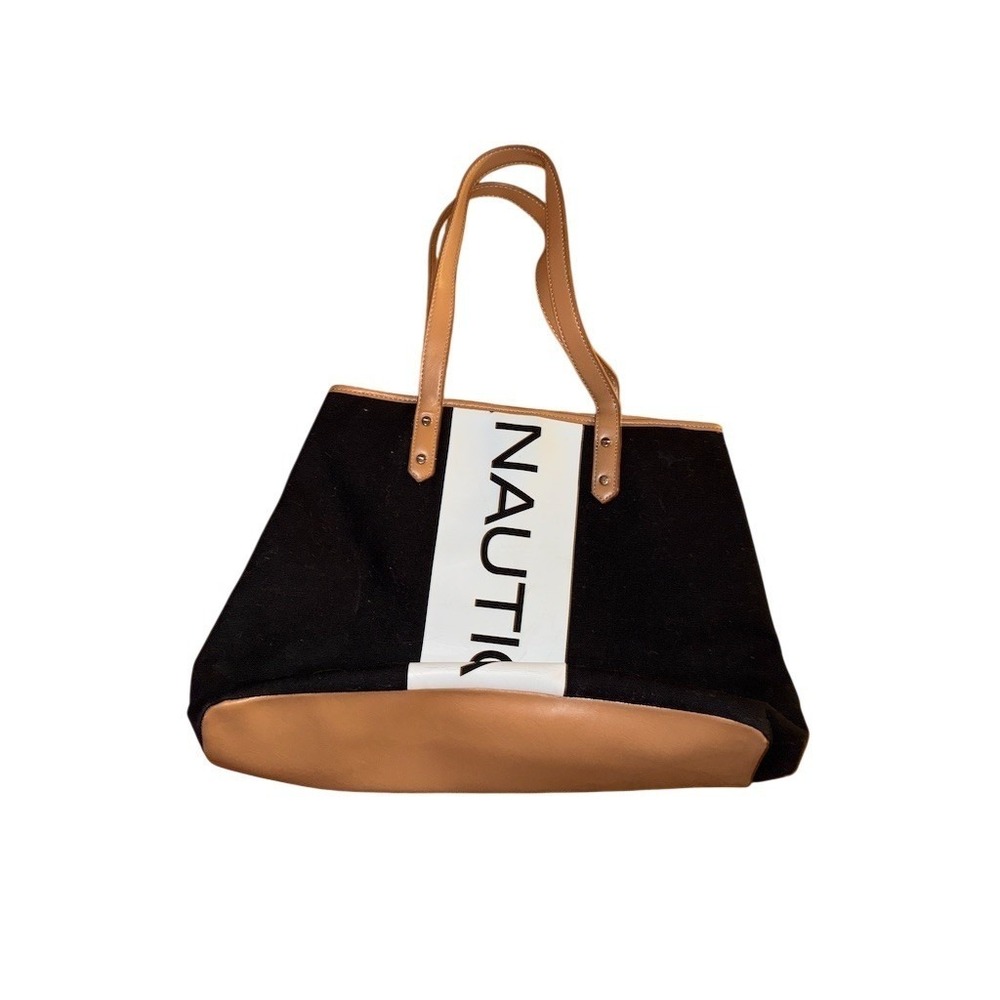 Nautica‎ Tote Bag Womens Large Black Logo Stripe Shoulder Handbag carryall Vtg